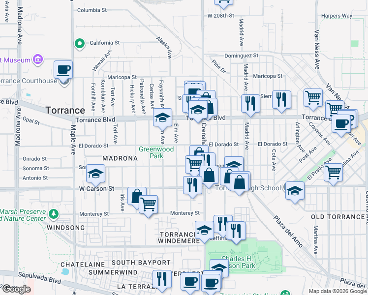 map of restaurants, bars, coffee shops, grocery stores, and more near 2564 El Dorado Street in Torrance