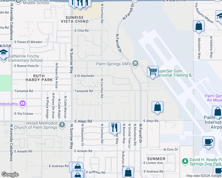 map of restaurants, bars, coffee shops, grocery stores, and more near 2155 Tamarisk Road in Palm Springs