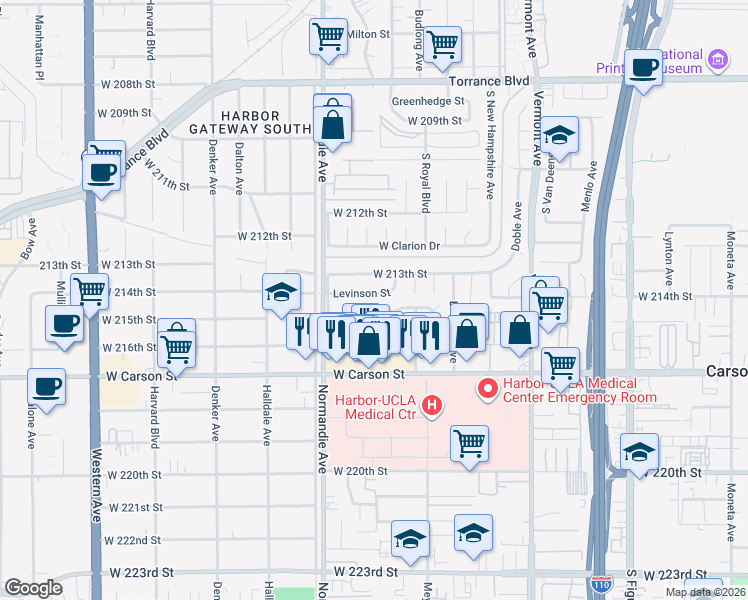map of restaurants, bars, coffee shops, grocery stores, and more near 1202 Levinson Street in Torrance