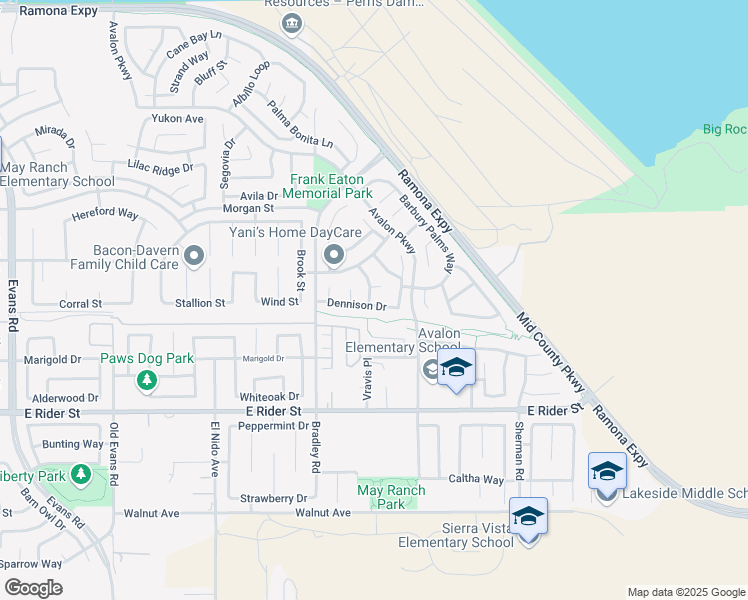 map of restaurants, bars, coffee shops, grocery stores, and more near 1720 Dennison Drive in Perris