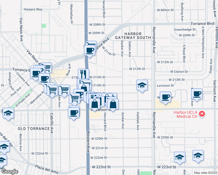 map of restaurants, bars, coffee shops, grocery stores, and more near 1558 West 214th Street in Torrance