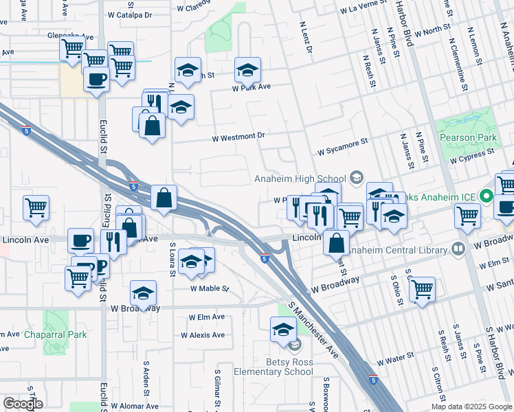 map of restaurants, bars, coffee shops, grocery stores, and more near 278 North Wilshire Avenue in Anaheim