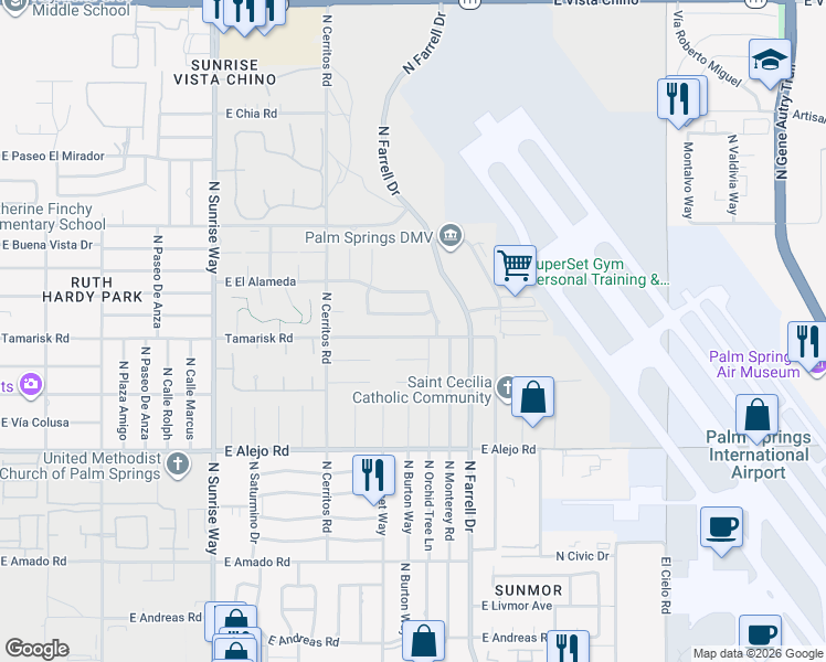 map of restaurants, bars, coffee shops, grocery stores, and more near 2480 Tamarisk Road in Palm Springs