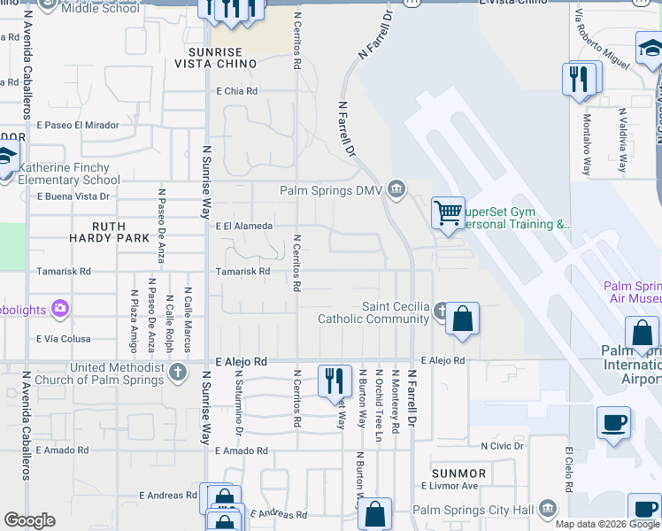 map of restaurants, bars, coffee shops, grocery stores, and more near 2351 Tamarisk Road in Palm Springs
