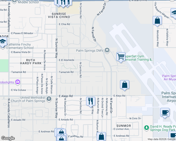 map of restaurants, bars, coffee shops, grocery stores, and more near 2155 Tamarisk Road in Palm Springs