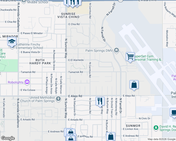 map of restaurants, bars, coffee shops, grocery stores, and more near 1517 North Seville Circle in Palm Springs