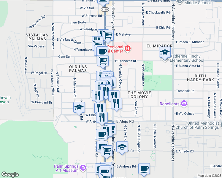 map of restaurants, bars, coffee shops, grocery stores, and more near 731 Tamarisk Road in Palm Springs