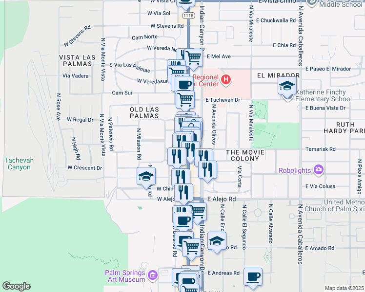 map of restaurants, bars, coffee shops, grocery stores, and more near 787 North Palm Canyon Drive in Palm Springs