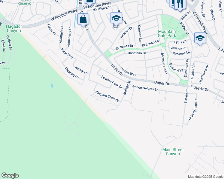 map of restaurants, bars, coffee shops, grocery stores, and more near 3795 Hilgard Street in Corona