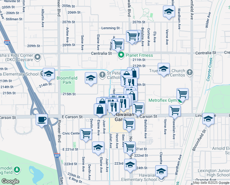 map of restaurants, bars, coffee shops, grocery stores, and more near 12102 215th Street in Hawaiian Gardens
