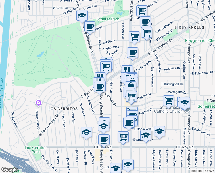 map of restaurants, bars, coffee shops, grocery stores, and more near 4151 Elm Avenue in Long Beach