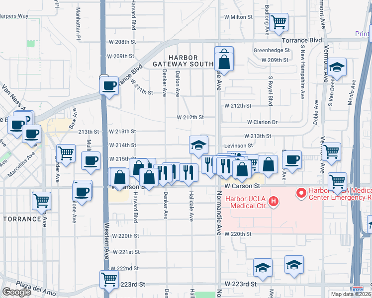 map of restaurants, bars, coffee shops, grocery stores, and more near 21429 Halldale Avenue in Torrance