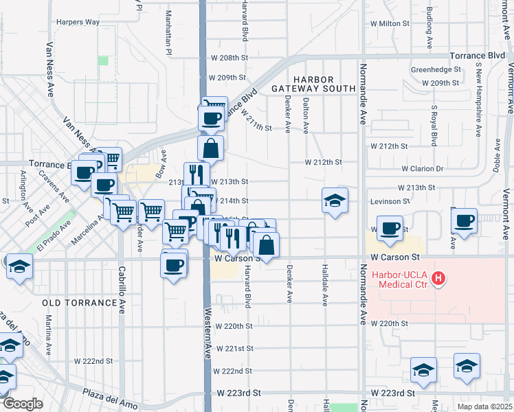map of restaurants, bars, coffee shops, grocery stores, and more near 21403 Harvard Boulevard in Torrance