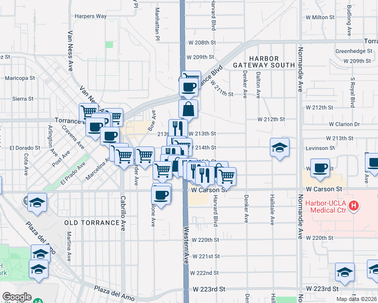 map of restaurants, bars, coffee shops, grocery stores, and more near 1642 West 214th Street in Torrance