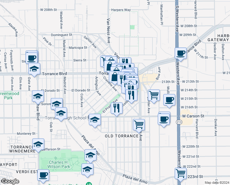 map of restaurants, bars, coffee shops, grocery stores, and more near 1424 Post Avenue in Torrance