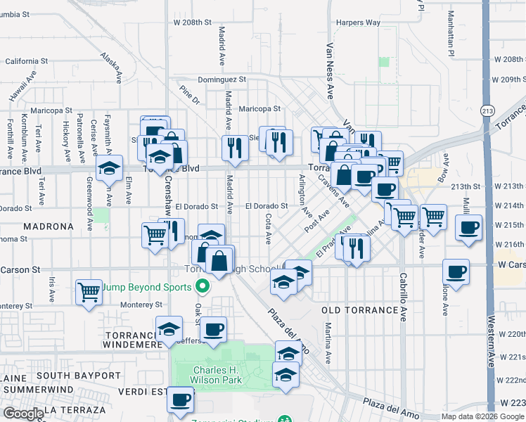 map of restaurants, bars, coffee shops, grocery stores, and more near 1413 Cota Avenue in Torrance