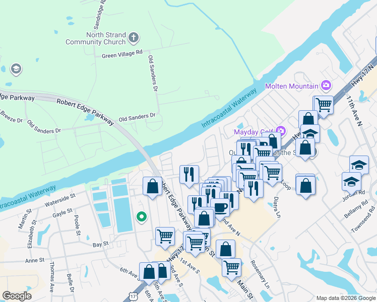 map of restaurants, bars, coffee shops, grocery stores, and more near 203 Landing Road in North Myrtle Beach