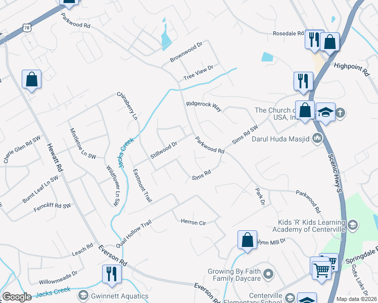 map of restaurants, bars, coffee shops, grocery stores, and more near 2611 Loch Way in Snellville