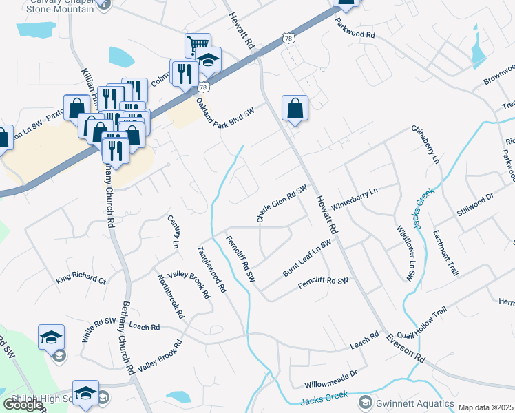 map of restaurants, bars, coffee shops, grocery stores, and more near 3867 Cherie Glen Road Southwest in Snellville