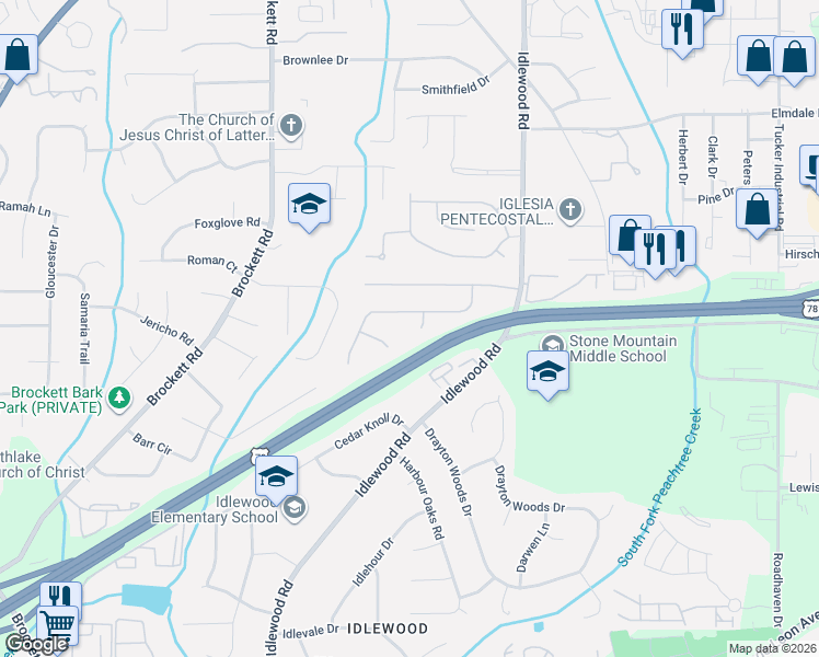 map of restaurants, bars, coffee shops, grocery stores, and more near 1756 Cord Court in Tucker