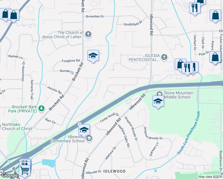 map of restaurants, bars, coffee shops, grocery stores, and more near 4112 Stutz Court in Tucker