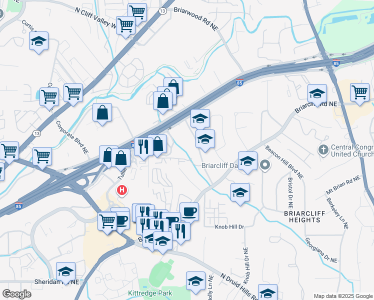 map of restaurants, bars, coffee shops, grocery stores, and more near 1129 Westchester Ridge Northeast in Atlanta
