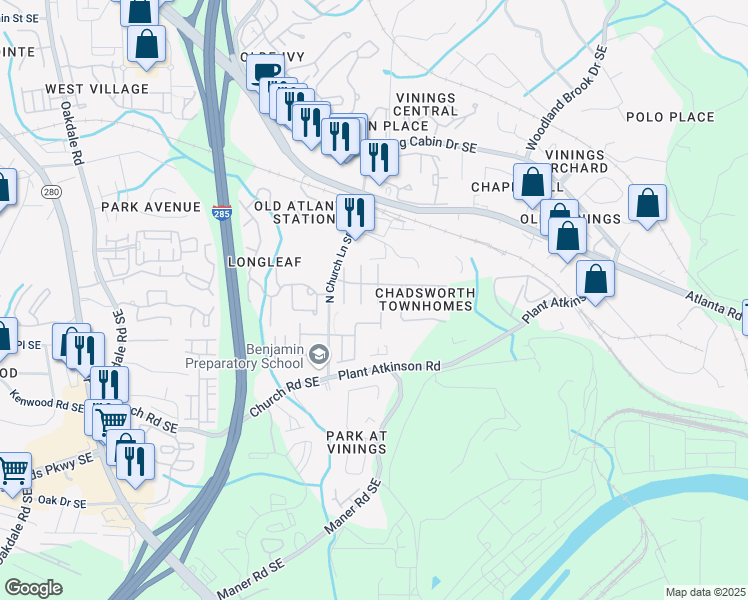 map of restaurants, bars, coffee shops, grocery stores, and more near 4841 Colchester Court in Smyrna