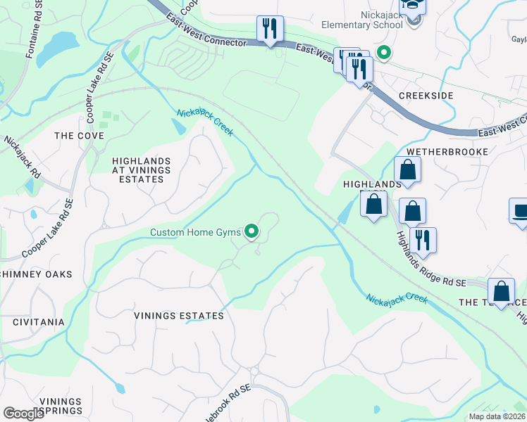 map of restaurants, bars, coffee shops, grocery stores, and more near 529 Vinings Estates Drive Southeast in Mableton