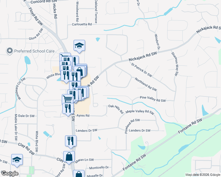 map of restaurants, bars, coffee shops, grocery stores, and more near 513 Shannon Green Circle Southwest in Mableton