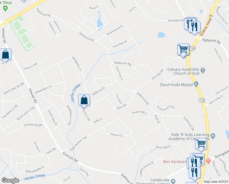 map of restaurants, bars, coffee shops, grocery stores, and more near 2611 Loch Way in Snellville
