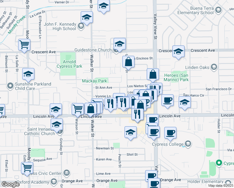 map of restaurants, bars, coffee shops, grocery stores, and more near 5691 Vonnie Lane in Cypress