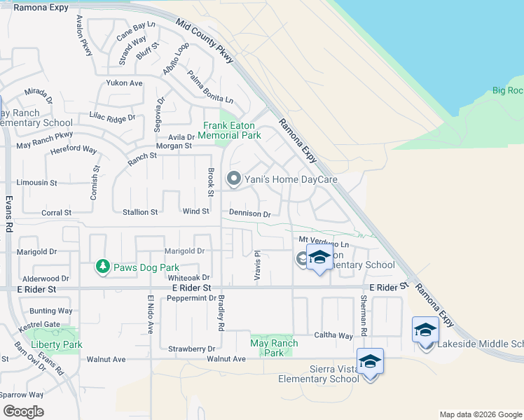 map of restaurants, bars, coffee shops, grocery stores, and more near 1720 Dennison Drive in Perris