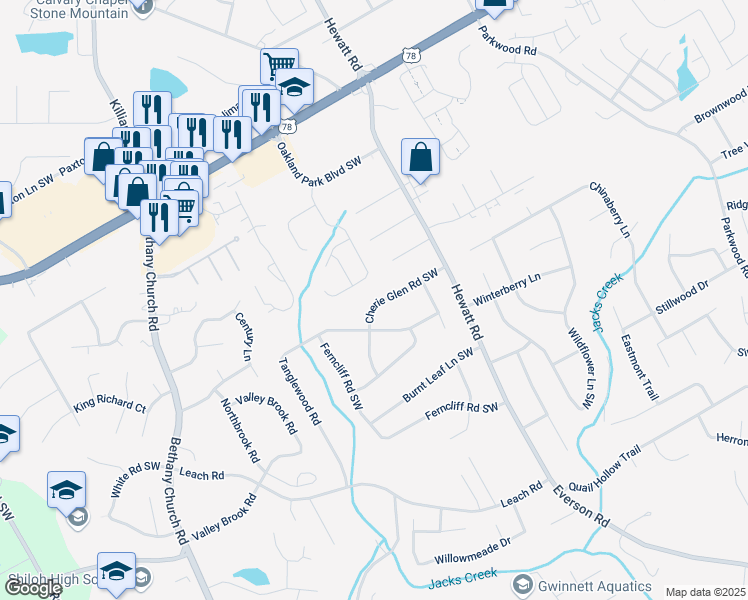 map of restaurants, bars, coffee shops, grocery stores, and more near 3855 Cherie Glen Road Southwest in Snellville