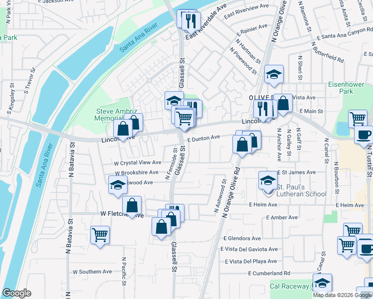 map of restaurants, bars, coffee shops, grocery stores, and more near 2722 North Hartman Street in Orange