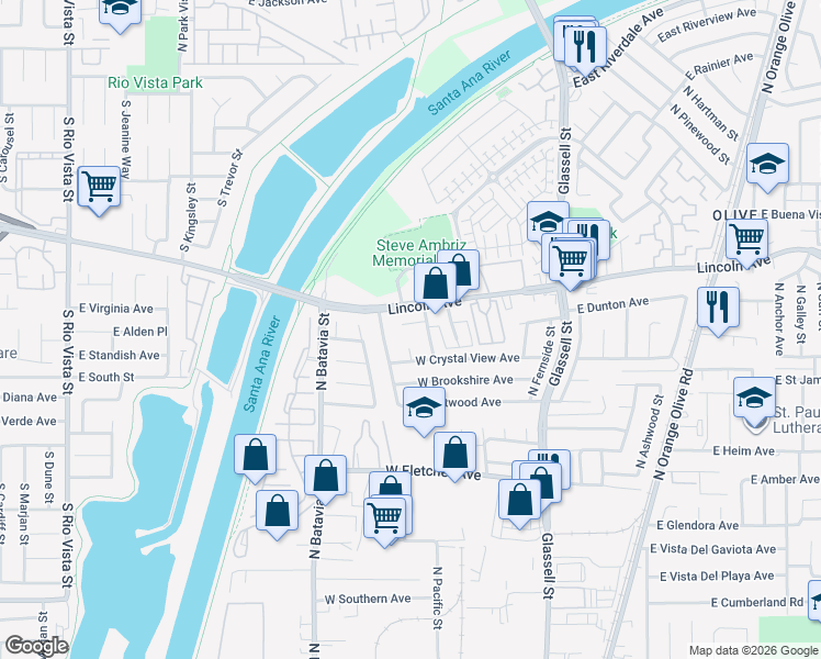 map of restaurants, bars, coffee shops, grocery stores, and more near 2708 North Dell Street in Orange