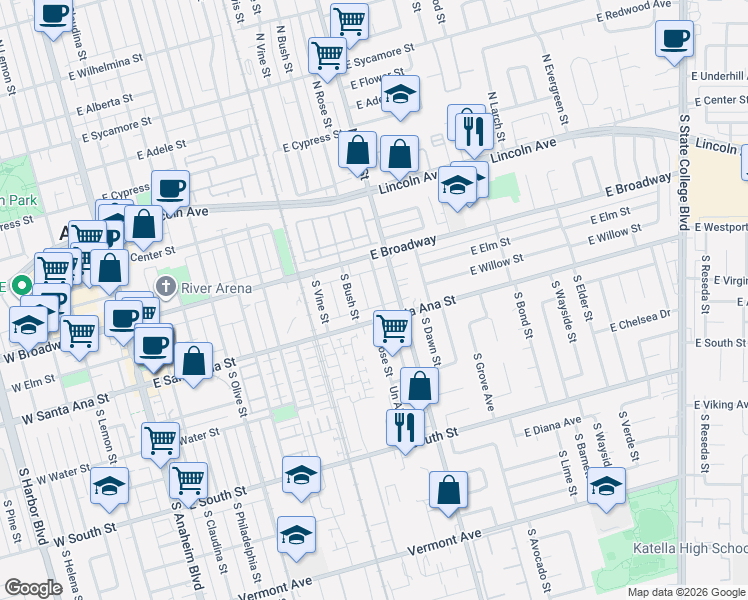 map of restaurants, bars, coffee shops, grocery stores, and more near 414 South Bush Street in Anaheim