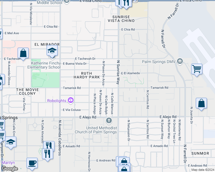 map of restaurants, bars, coffee shops, grocery stores, and more near 1450 Tamarisk Road in Palm Springs