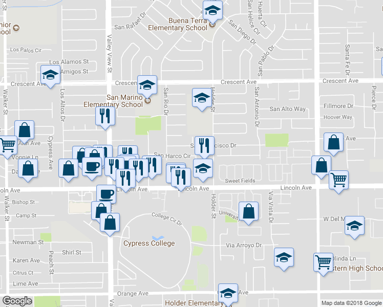 map of restaurants, bars, coffee shops, grocery stores, and more near 6399 San Harco Circle in Buena Park