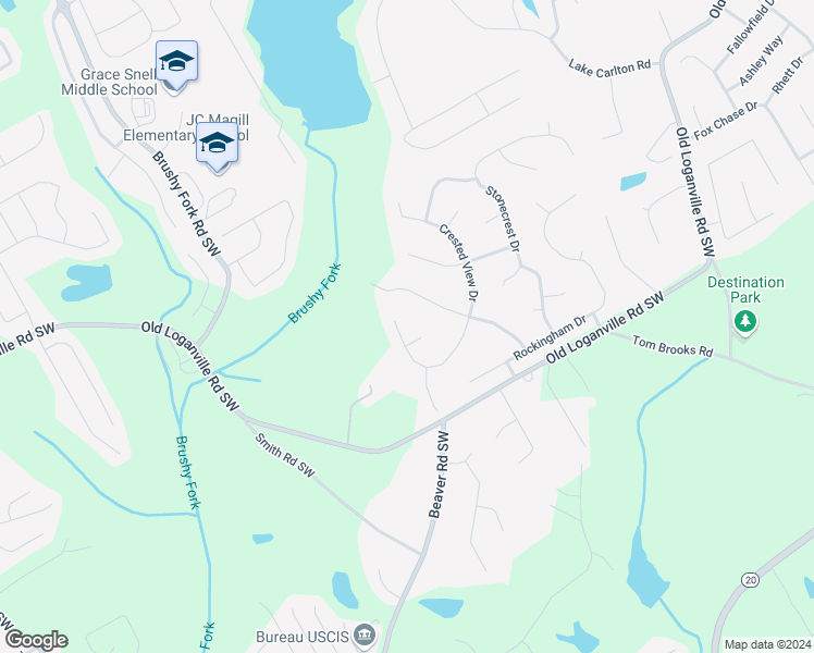 map of restaurants, bars, coffee shops, grocery stores, and more near 406 Crested View Drive in Loganville