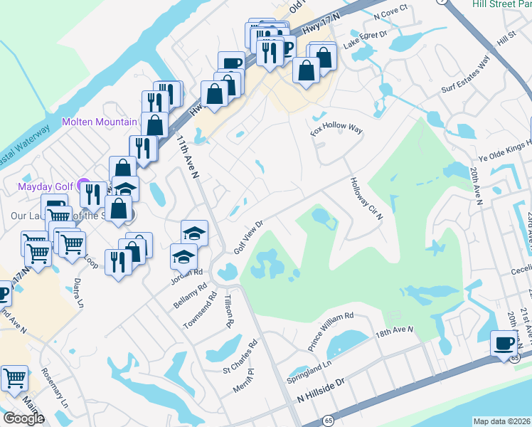 map of restaurants, bars, coffee shops, grocery stores, and more near 1115 Golf View Drive in North Myrtle Beach