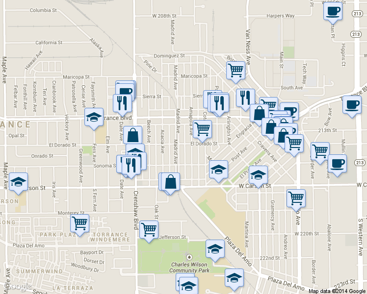 map of restaurants, bars, coffee shops, grocery stores, and more near 2318 El Dorado Street in Torrance