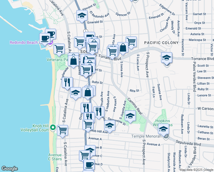 map of restaurants, bars, coffee shops, grocery stores, and more near 614 Ruby Street in Redondo Beach