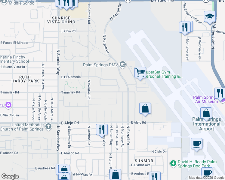 map of restaurants, bars, coffee shops, grocery stores, and more near 2450 Tamarisk Road in Palm Springs