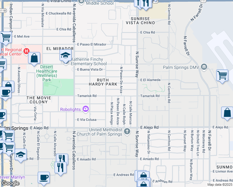 map of restaurants, bars, coffee shops, grocery stores, and more near 1356 Tamarisk Road in Palm Springs