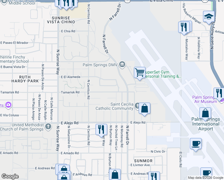 map of restaurants, bars, coffee shops, grocery stores, and more near 2480 Tamarisk Road in Palm Springs