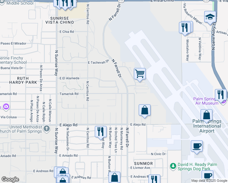map of restaurants, bars, coffee shops, grocery stores, and more near 2480 Tamarisk Rd in Palm Springs