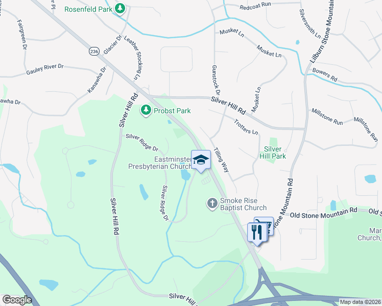 map of restaurants, bars, coffee shops, grocery stores, and more near 5888 Silver Ridge Drive in Stone Mountain