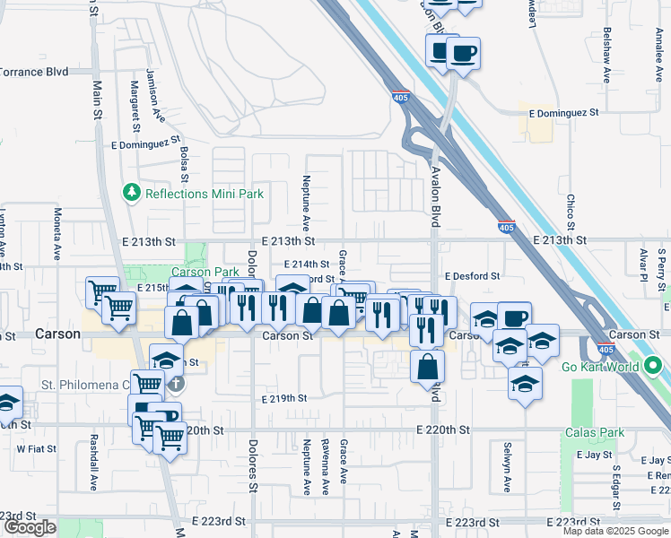 map of restaurants, bars, coffee shops, grocery stores, and more near 439 East Desford Street in Carson