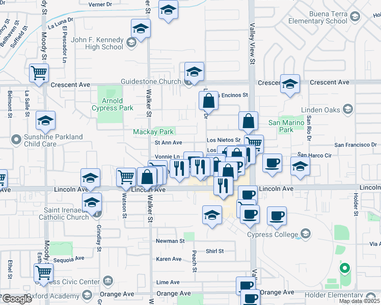 map of restaurants, bars, coffee shops, grocery stores, and more near 5691 Vonnie Lane in Cypress