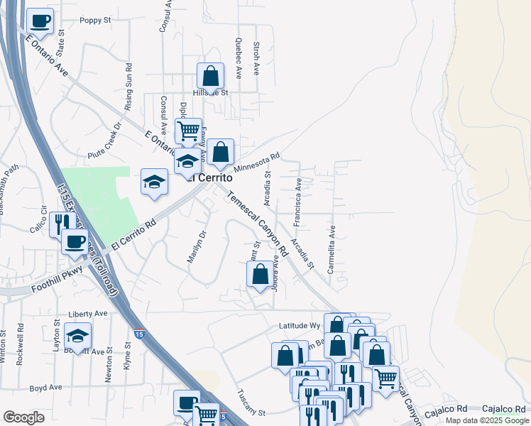 map of restaurants, bars, coffee shops, grocery stores, and more near 19729 Arcadia Street in Corona